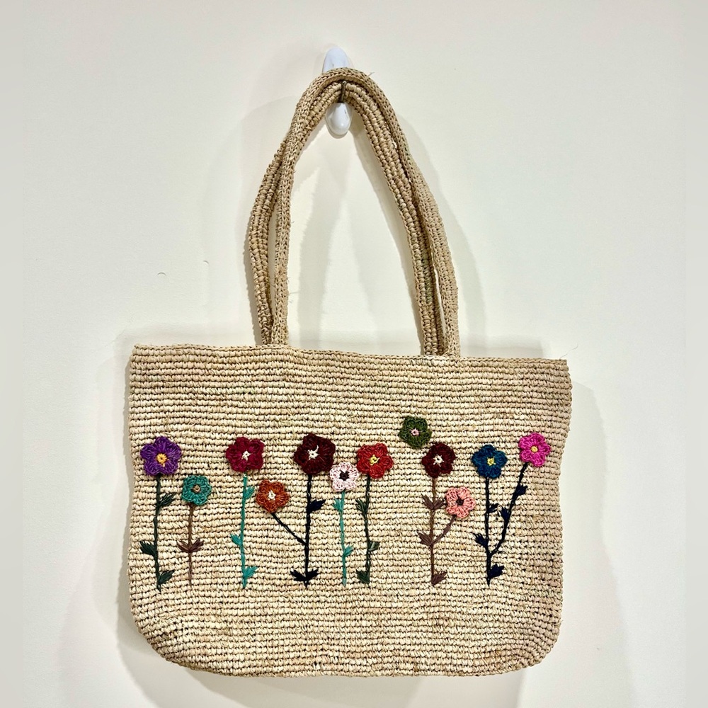 Handmade Raffia Shoulder Bag, Floral Embroidered Tote Bag, Cottagecore Purse